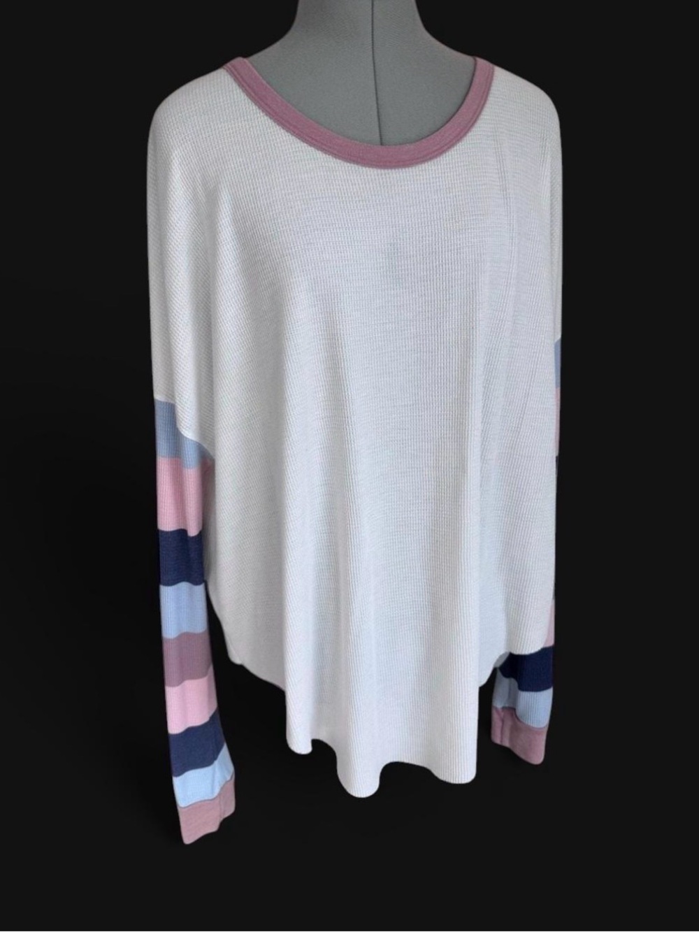 Shirt-White Fox Boutique White Waffle Knit Top with Pastel Striped Sleeves